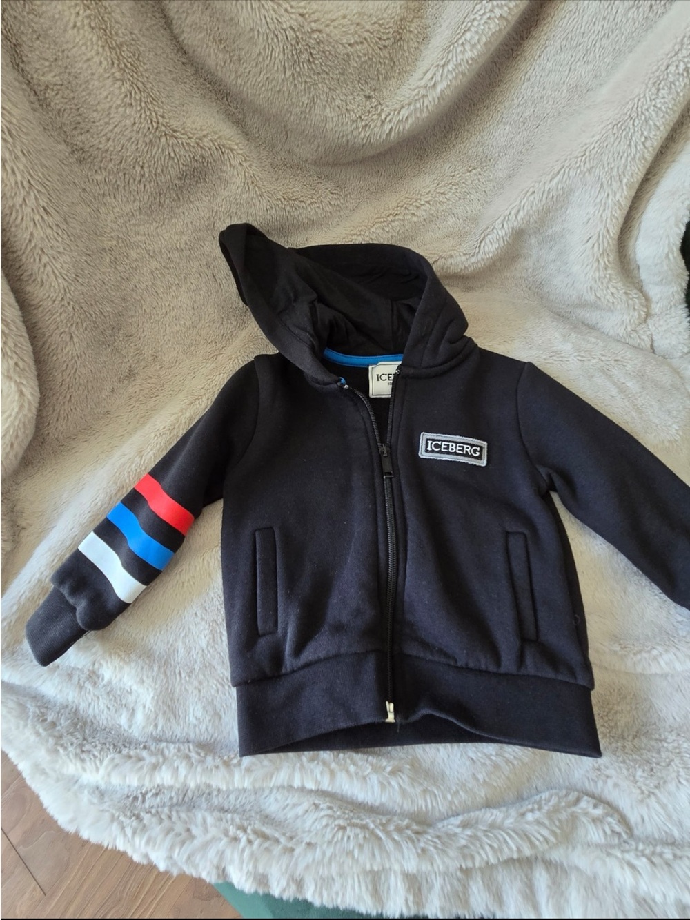 Iceberg Kids Black Hoodie with Red, Blue and White Sleeve Stripes